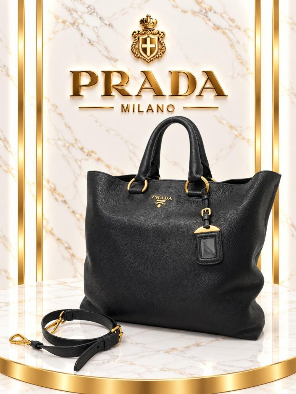 Authentic Prada Vitello Daino Black Leather Tote Bag Convertible Shoulder Bag